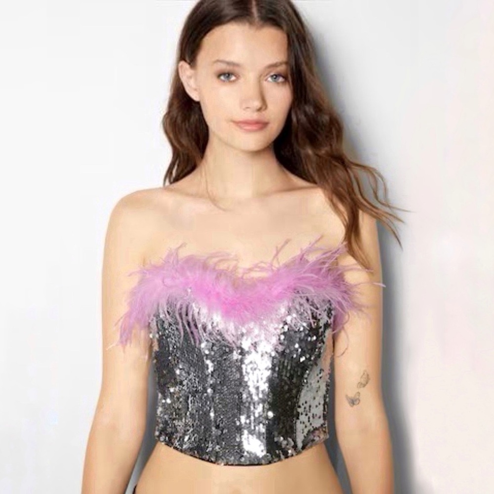 𝗕𝗲𝗿𝘀𝗵𝗸𝗮 Feathered Sequin Corset Top